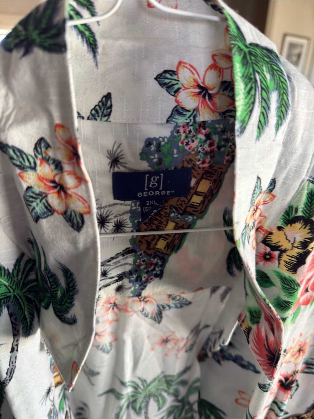 George White Tropical Floral Button-Down Shirt with Green Palm Print